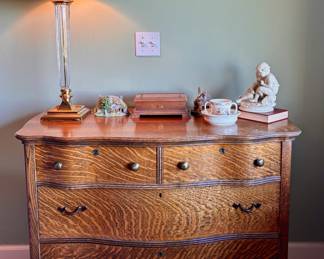 Circa 1920s Tiger Oak Serpentine Dresser, Brass & Glass Table Lamp