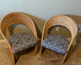 Natural Wicker Barrel Chairs with Blue & White Geometric Design Cushions