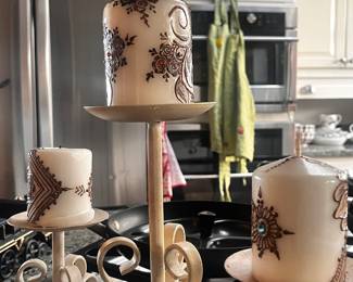 Henna Inspired Decorative Pillar Candles, Set of 3 Cream Wrought Iron Metal Candle Holders 