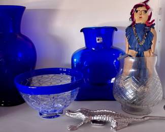 Blenko Handblown Cobalt Blue Glass Water Bottle/Vase, Alligator Door Knocker