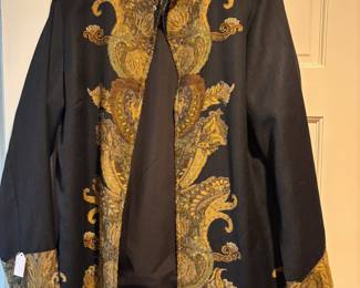 Anu 100% Wool Black Jacket with Gold Tapestry Style Design – Size Large