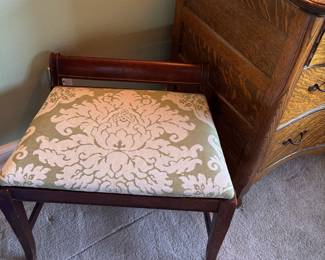 Mahogany Vanity Stool with Green and White Damask Pattern Upholstered Seat