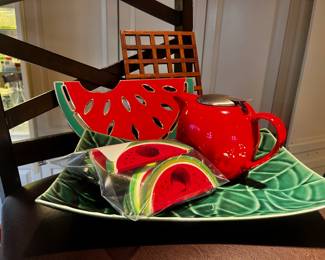 Mid Century Enameled Watermelon Slice Shaped Trivet,  Folk Art Style Wooden Watermelon Napkin Rings, Red Ceramic Tea Pot
