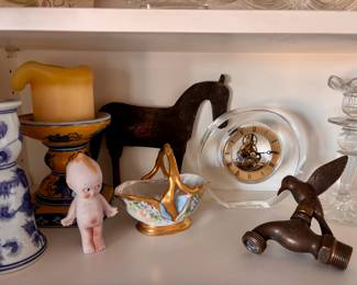 Blue & White Floral Pattern Ceramic Candlestick Holder, Kewpie Bisque Doll Figurine