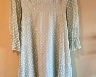 Circa 1970s Jack Bryan Pale Blue & White Polka Dot Prairie Style Dress –Size 14