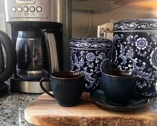 Cuisinart PerfecTemp 14-Cup Programmable Coffee Maker, Pair of Pier 1 Mandarin Kitchen Canisters, Pair of Navy Blue & Brown Stoneware Coffee Mugs