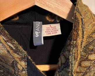 Anu 100% Wool Black Jacket with Gold Tapestry Style Design – Size Large