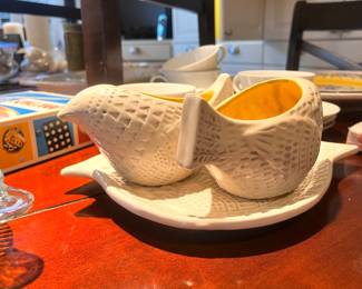 Pair of Cream Ceramic Bird Shaped Gravy Boats with Under Plate
