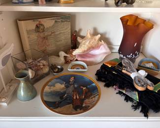 Lauren Burman Shirly Bud Vase in Color Canal Beachglass, Norman Rockwell “Waiting on the Shore” Edwin M. Knowles Collector Plate