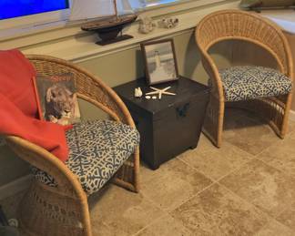 Natural Wicker Barrel Chairs with Blue & White Geometric Design Cushions