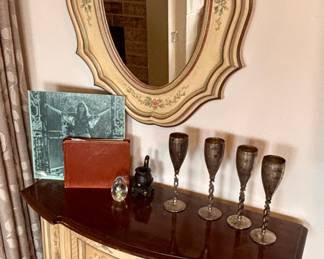 Drexel Heritage French Provencial Style Floral Painted Sideboard with Matching Mirror