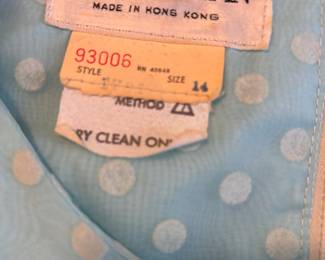 Circa 1970s Jack Bryan Pale Blue & White Polka Dot Prairie Style Dress –Size 14