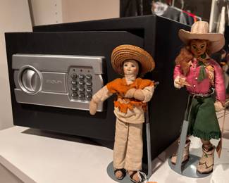 Stack-On Electronic Lock/Keypad Personal Safe, 1938 Mexican Folk Art Doll, 1942 Cowgirl Jane Paper Mache Doll by Elaine