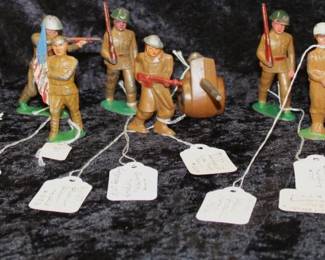 1930s-1940s, Group of 12 WWI Lead Soldiers: B127 Barclay marching soldier, m-180 Solider at Attention, B-208 Standing firing rifle, B-137 skier, B-5 Flag SS Dad 1651, B-059 a Marine # 10140, B-208 Pot Helmet standing firing rifle, B-127 Soldier marching #777, G-028 US Officer #922, b-201 flag bearer #11815, b-145 #10970, B-127 Soldier Marching #777.