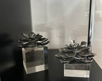 Contemporary Metallic Silver Lotus & Glass Cube Sculptures