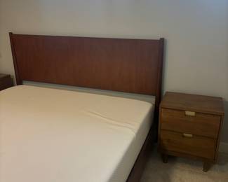 Mid Century Style Queen Bed Frame, Pair of Mid Century Style 2-Drawer Night Stands