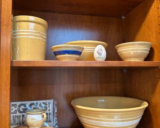 Yellow Striped Stoneware Bowls & Utensil Holder