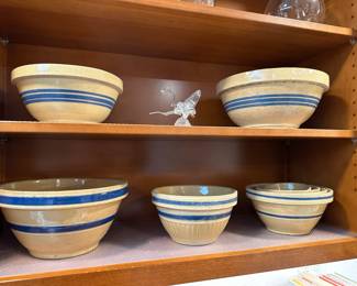 Blue Striped Yellow Stoneware Mixing Bowl Set