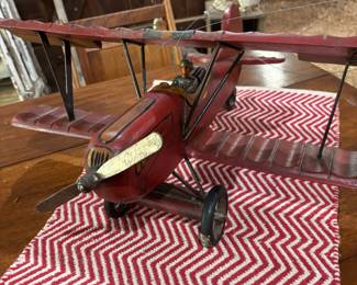 Hand Carved Wooden Red Baron Biplane Model