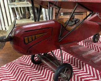 Hand Carved Wooden Red Baron Biplane Model