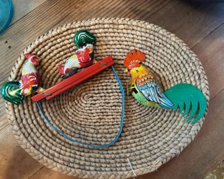 Tin Litho Hand Operated Pecking Roosters Toy, 1950s Kohler Tin Litho Rooster Toy