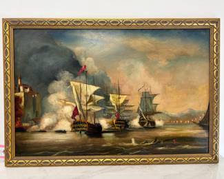 Lot 40 Vintage Battle Ships Scene Painting Art