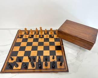 Lot 26 Hand Carved Chess Board w Chessmen in Box