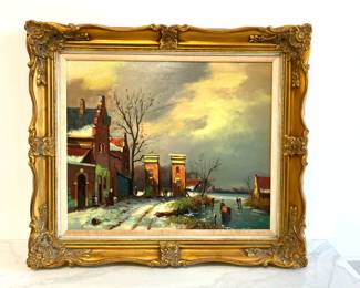 Lot 56 Winter Cityscape Scene Signed Oil Art Painting