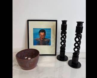 Lot 7 Billy Sims Art Print Carved Ebony Wood Candlesticks Studio Pottery Bowl