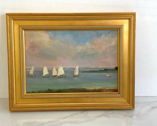Lot 60 Susan Barnes Signed Brant Beach Prams Oil on Board Sail Boat Art