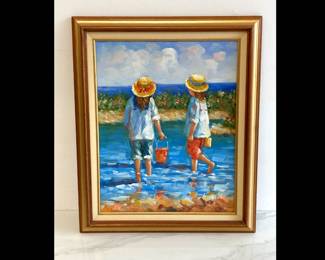 Lot 54 Children at the Beach Signed H. Gaynor Impressionist Oil on Canvas Art