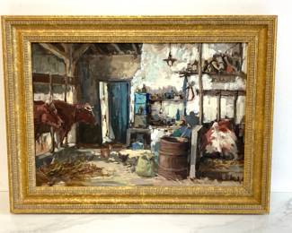 Lot 57 Cows in the Barn Signed Oil on Canvas Art