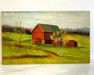 Lot 58 Red Barn Landscape Art Painting on Panel
