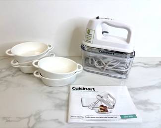 Lot 13 Cuisinart HM90S Hand Mixer w case Small Ceramic Baking Dishes