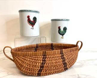 Lot 6 Chicken Stoneware Utensil Holders Cordon Bleu B.I.A. Wicker Basket