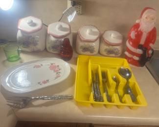 4 piece canister set, silverware, etc