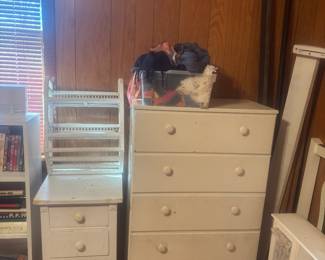 Chest of drawers, wicker shelf and small stand