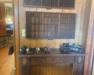 Wooden boxes and metal trains, etc