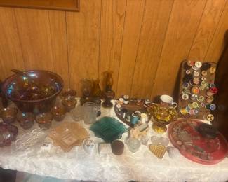 Carnival glass punch bowl set, vintage wooden thread holders and assorted colored glass 