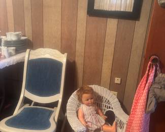 White wicker child’s chair and vintage unique  rocker