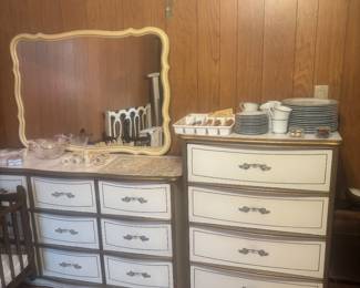 Dresser with mirror and chest of drawers. White w gold trim