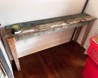 Rustic Console / Entry Table
Good condition, however back leg is not attached and will have to re-attached with screws.
63” x 1’ x 30” tall 
Must be able to move and load yourself