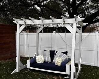 Large Custom built Outdoor Swing / Pergola 
Wood and cushions need to be pressure washed, however it is in excellent condition! 
Seat is wider than a twin size mattress but a bit shorter in length. 
Frame measures: 115” across x 82” x 87” tall
Seat measures: 6’ across x 43” deep
Must be able to move and load yourself
