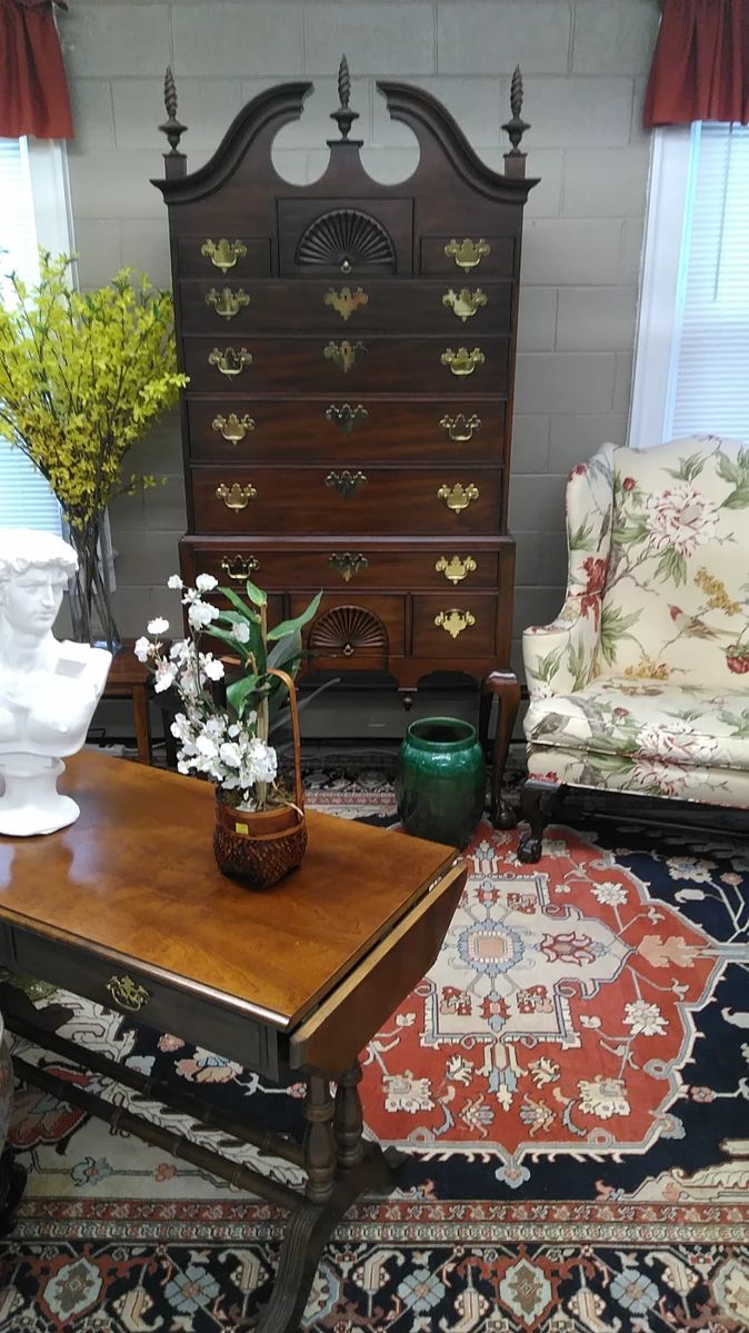 Mahogany Henkel Harris highboy, Wing back chair with dawn filled cushion.