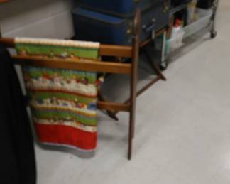 Country quilt rack, Vintage suitcases