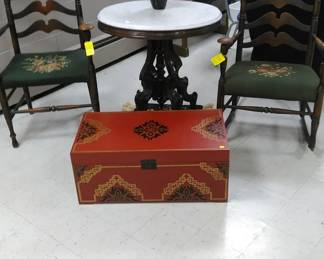 Antique ladderback chair and rocker, Victorian marble top table, Asian trunk