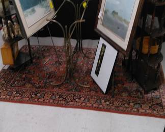 Asian rug (approx. 4'x6') Framed art work, Herb Jones, brass quilt rack