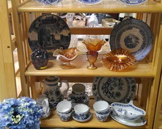 Assortment of blue and white china, depression glass