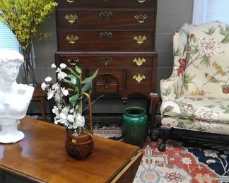 Mahogany Henkel Harris highboy, Wing back chair with dawn filled cushion.