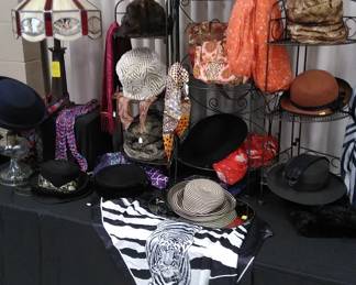 Ladies handbags, hats and scarves. Leaded glass lamp.